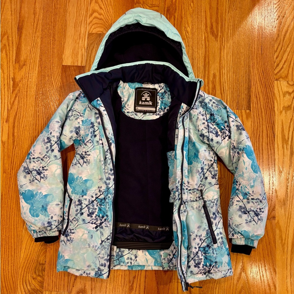 Kamik Girls' Aqua and Navy Floral Ski Jacket